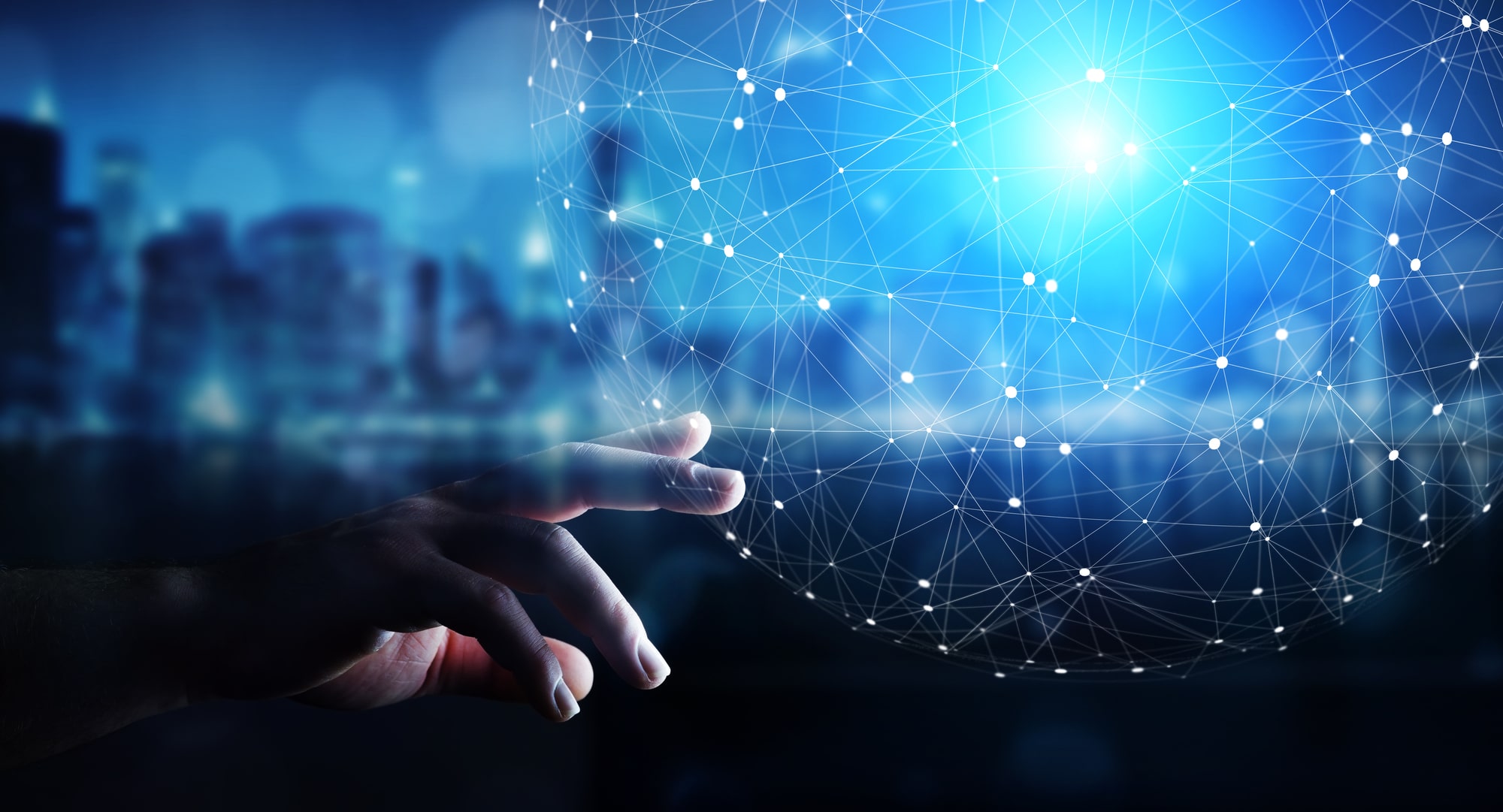 A hand reaching out towards a dazzling array of lights in a bokeh effect, evoking a sense of wonder and connection with the night cityscape beyond.